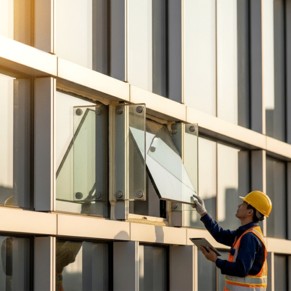 واجهة مبنى زجاجية وحجرية بعد تنفيذ أسرار صيانة وتنظيف واجهات المباني باستخدام تقنيات البخار الجاف والمواد الواقي